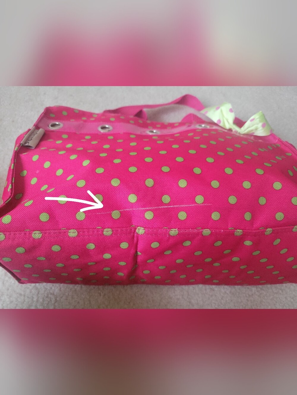 Pink Polka Dot Tote Bag with Lime Bow - Picture 9 of 16